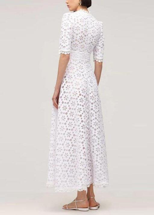 French White V Neck Patchwork Lace Long Dress Summer