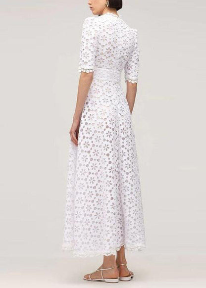 French White V Neck Patchwork Lace Long Dress Summer