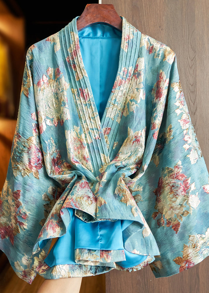 Blue V Neck Jacquard Patchwork Cotton Cardigan Fall