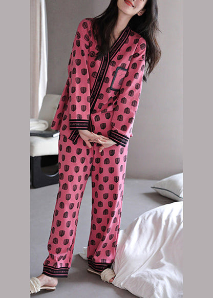 Rose V Neck Print Cotton Pajamas Two Pieces Set Fall