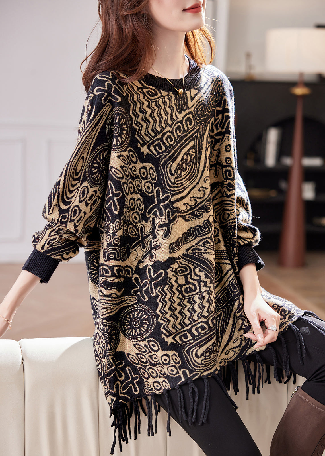 Jacquard Black O Neck Tasseled Knit Sweater Fall