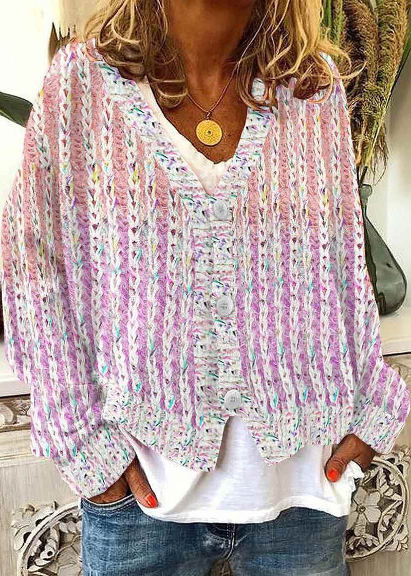 Pink V Neck Striped Cozy Knit Cardigan Spring