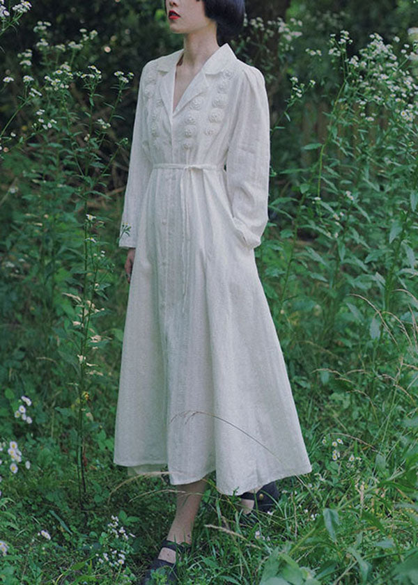 White Peter Pan Collar Tie Waist Cotton Dress Fall