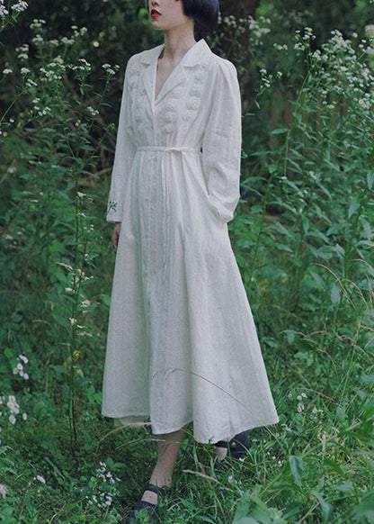 White Peter Pan Collar Tie Waist Cotton Dress Fall