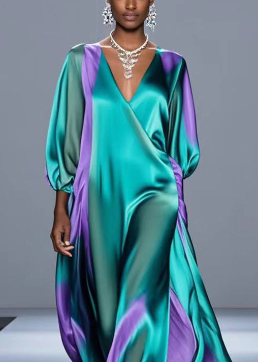 Green Oversized Tie Dye Silk Robe Dresses Bracelet Sleeve