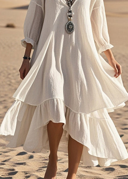 White Oversized Patchwork Cotton Maxi Dresses Bracelet Sleeve