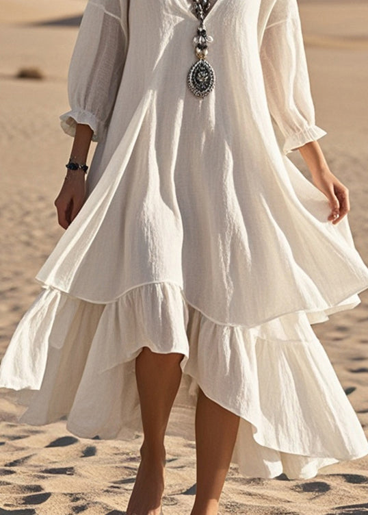 White Oversized Patchwork Cotton Maxi Dresses Bracelet Sleeve