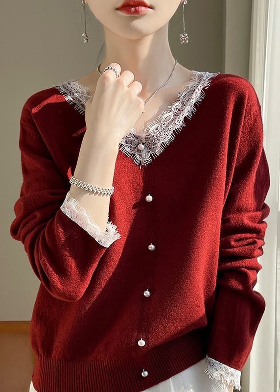 French White O-neck Lace Patchwork Cotton Knit Sweater Fall