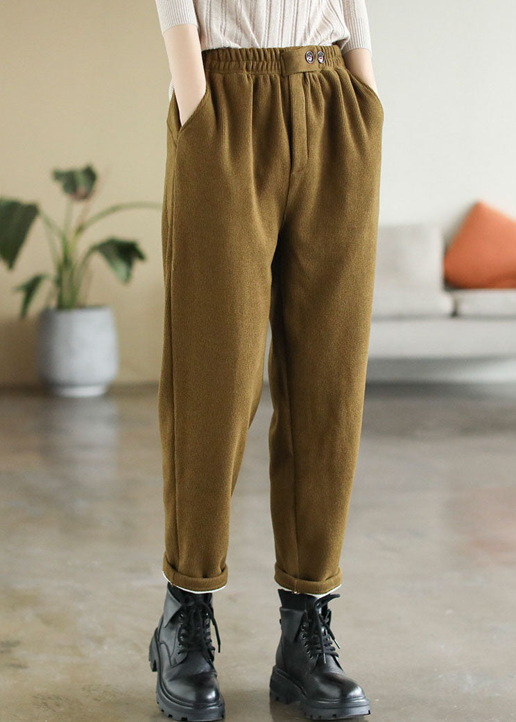 Yellow Elastic Waist Pockets Warm Fleece Corduroy Pants Winter