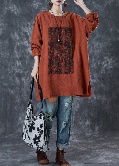 Orange Oversized Print Linen Sweatshirt Fall