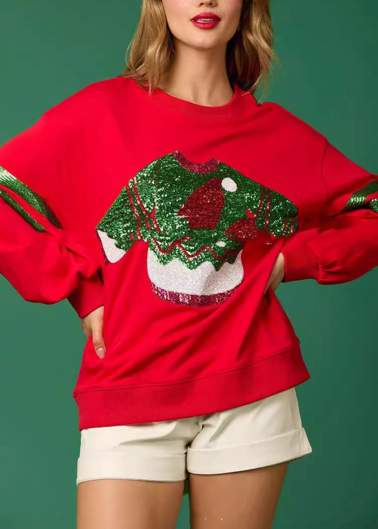 Style Red O Neck Sequins Cotton Christmas Sweatshirts Top Winter