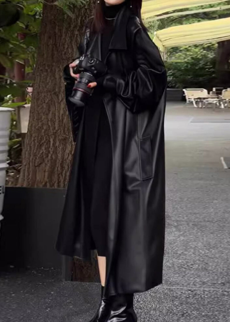 Black Peter Pan Collar Pockets Faux Leather Trench Spring