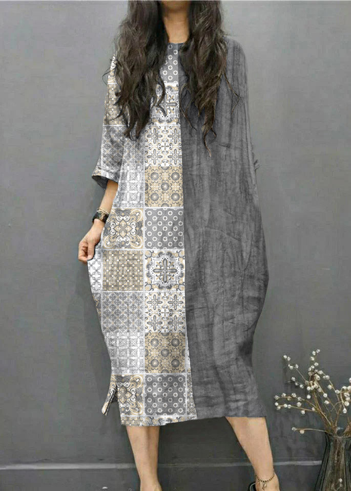 Grey O-neck Wrinkled Side Open Linen Long Dress Batwing Sleeve