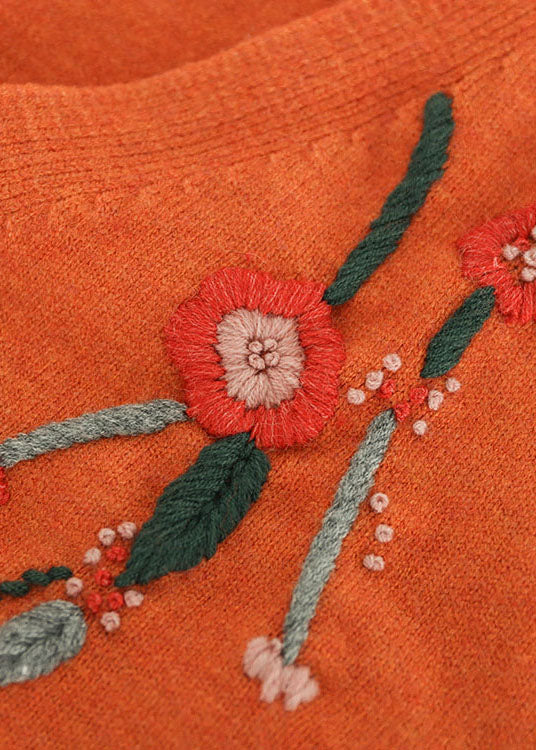 Orange V Neck Embroidered Knit Vest Spring