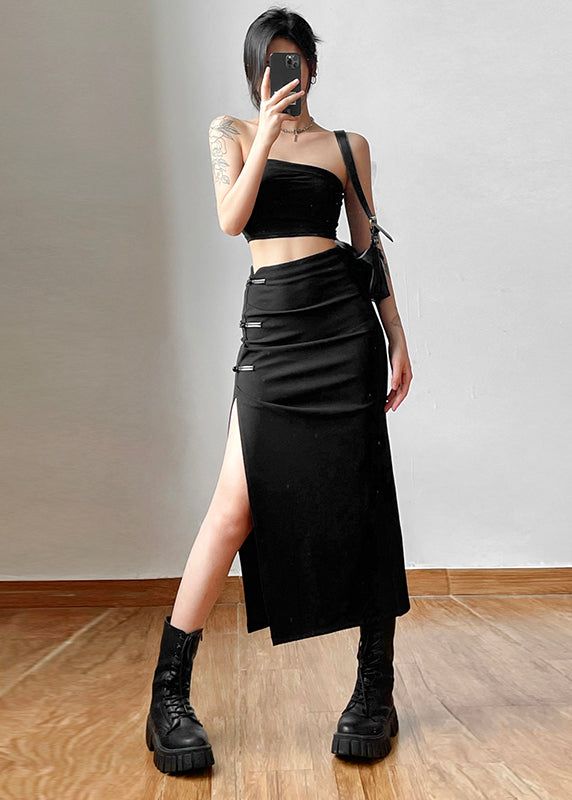 Black High Waist Side Open Chinese Button Skirt Summer