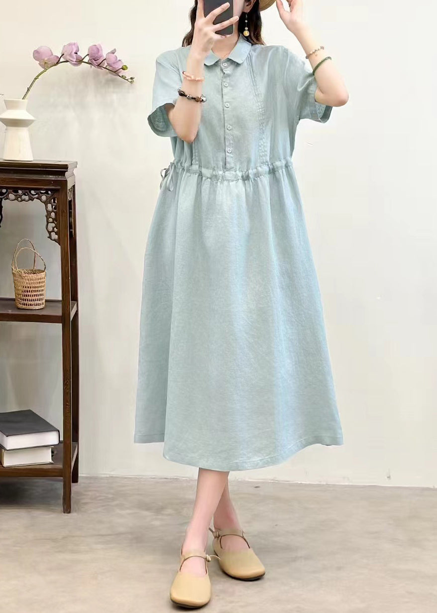 Navy Lace Up Linen Summer Long Dress Peter Pan Collar