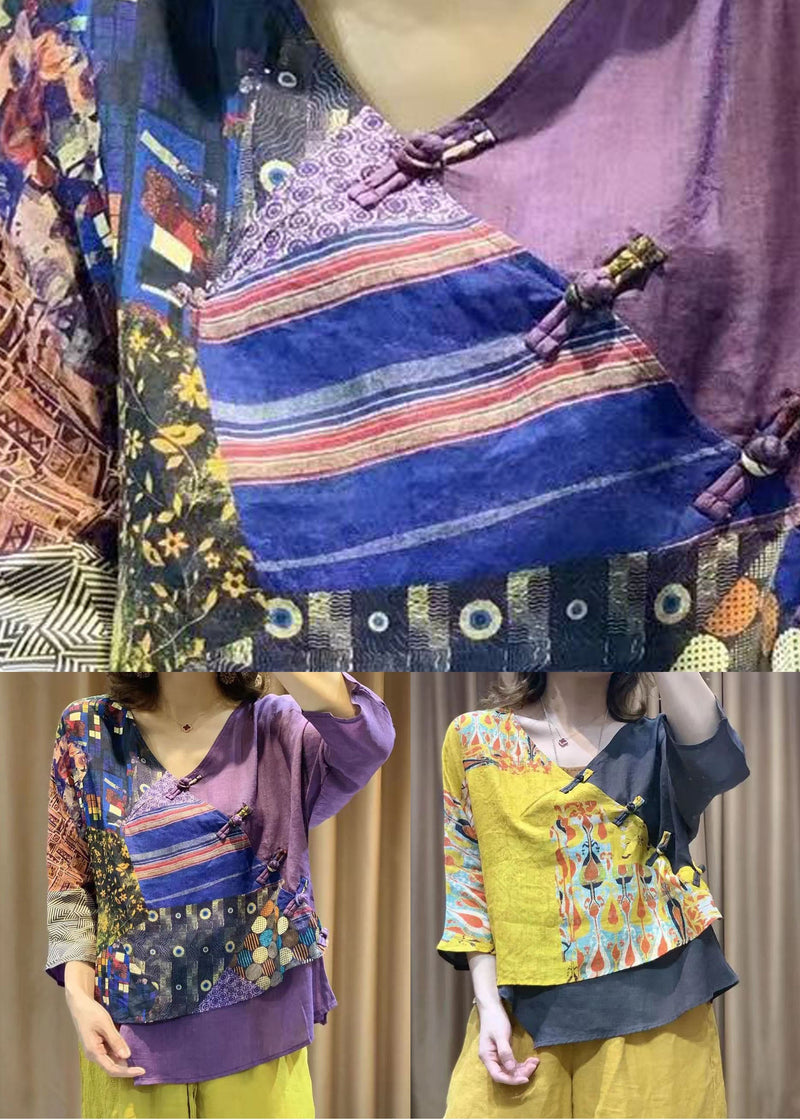 Purple Chinese Button Print Patchwork Cotton Shirt Tops Summer
