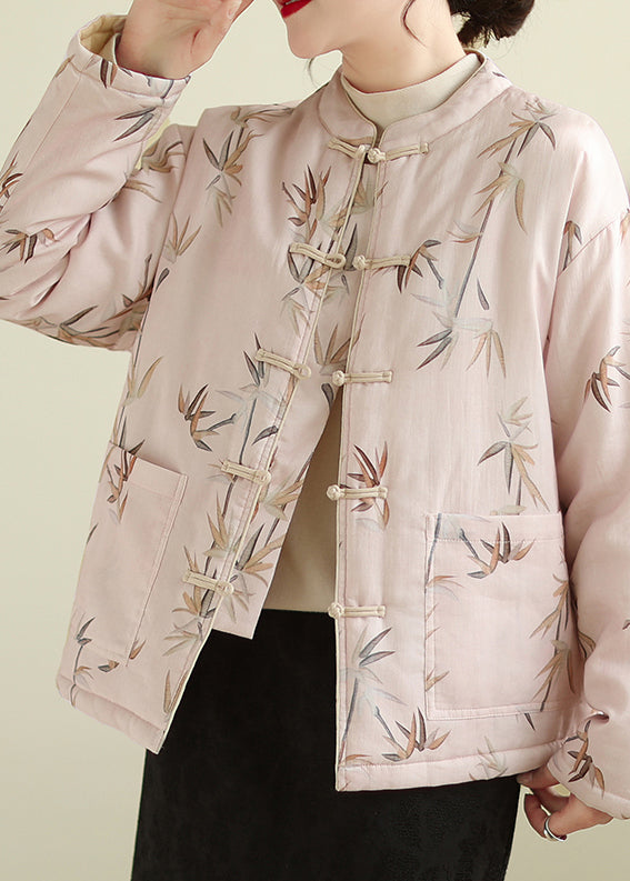 Pink Stand Collar Button Print Thick Coats Winter
