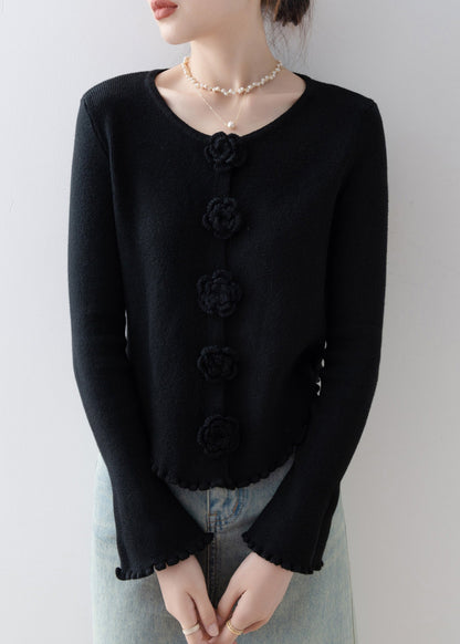 French Black O Neck Ruffled Knitted Tops Spring