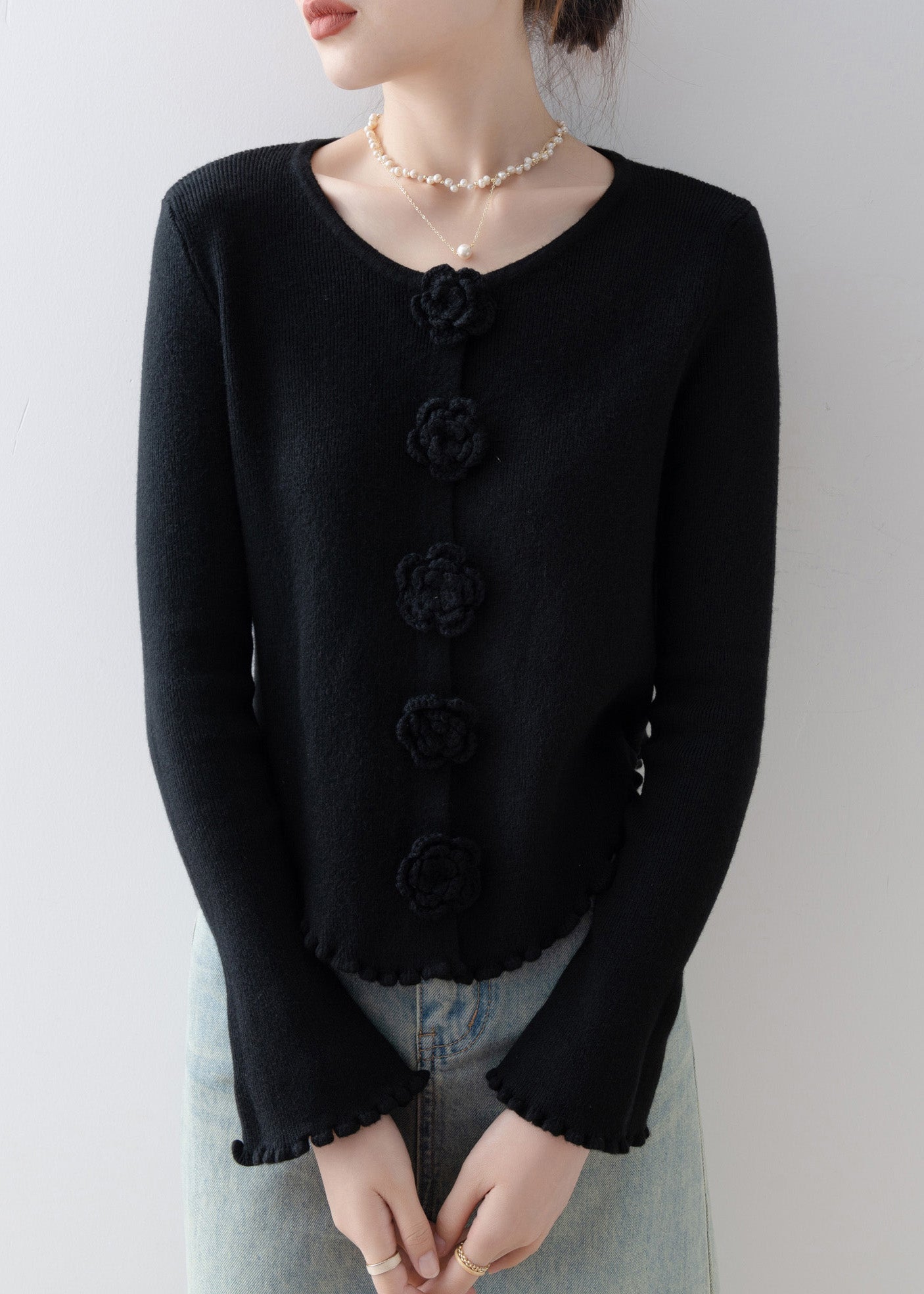 French Black O Neck Ruffled Knitted Tops Spring