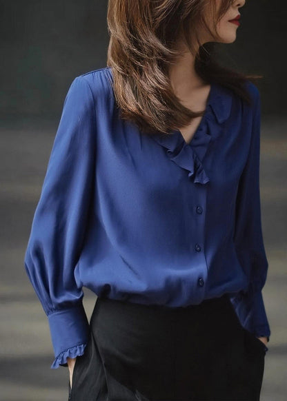 Blue Ruffled Draping Chiffon Blouses Spring