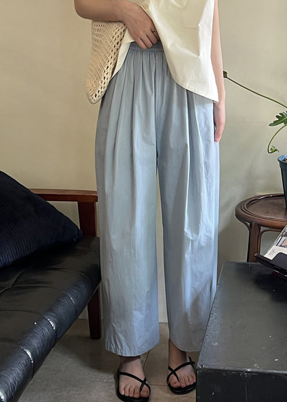 Blue Loose Cotton Crop Pants Elastic Waist Summer