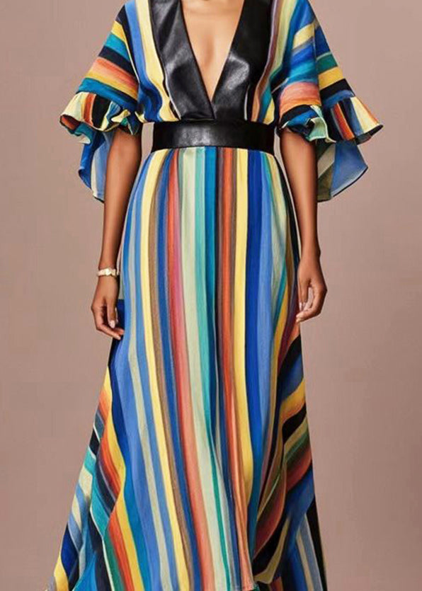 Rainbow Striped Cotton Cinched Dress Flare Sleeve