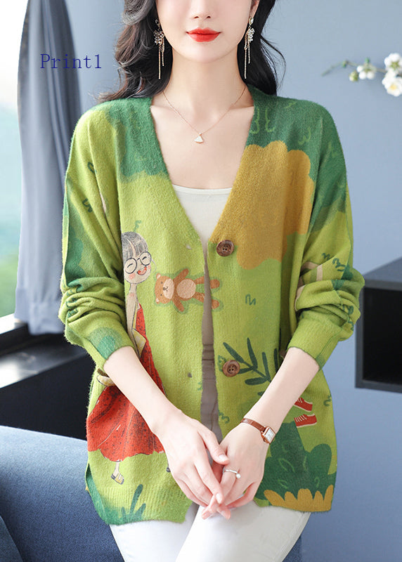 V Neck Print Pockets Woolen Cardigans Spring