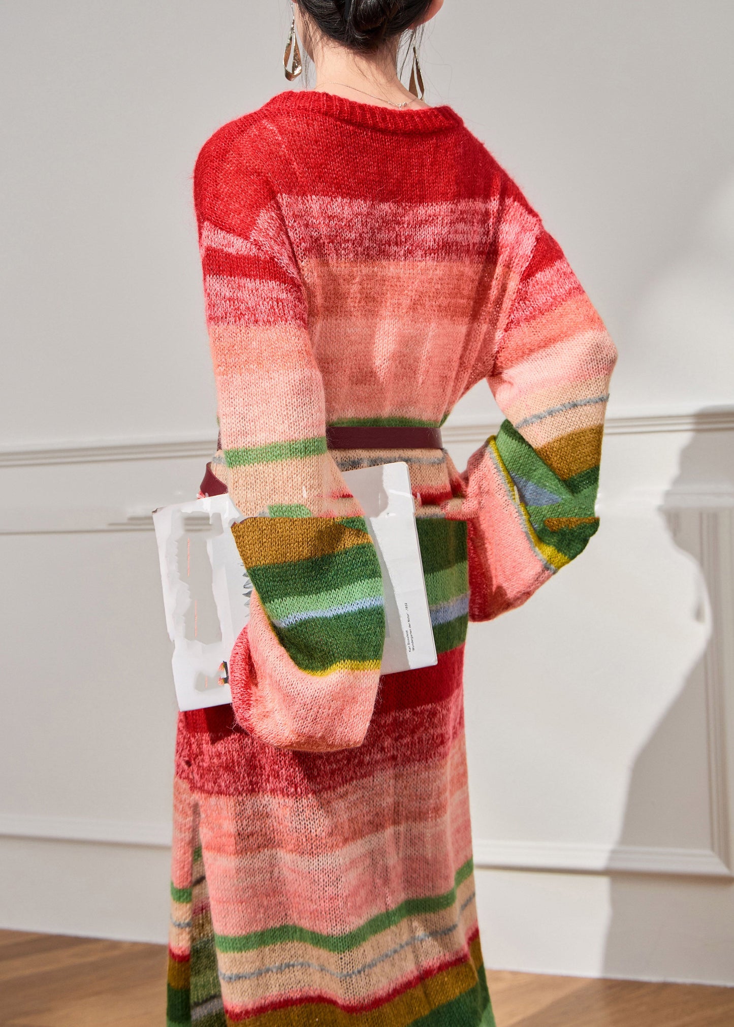 French Red O-neck Striped Sashes Knitted Cotton Thread Long Dress Winter