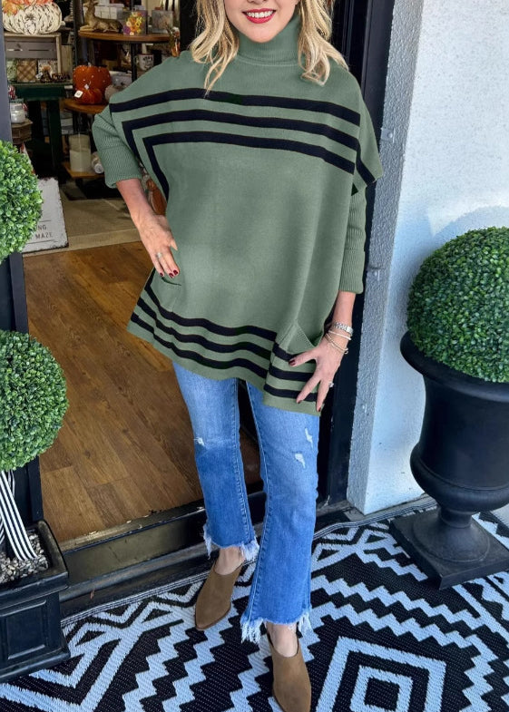 Loose Black Hign Neck Striped Knit Sweaters Batwing Sleeve
