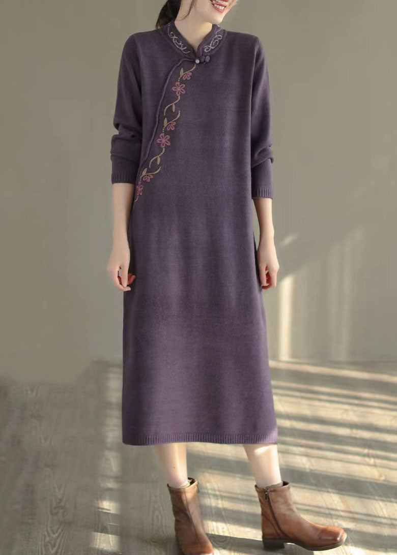 Purple Stand Collar Embroidered Knit Sweater Dress Winter