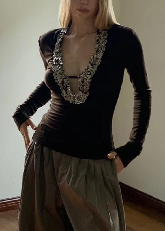 Coffee U Neck Sequins Silk Top Spring