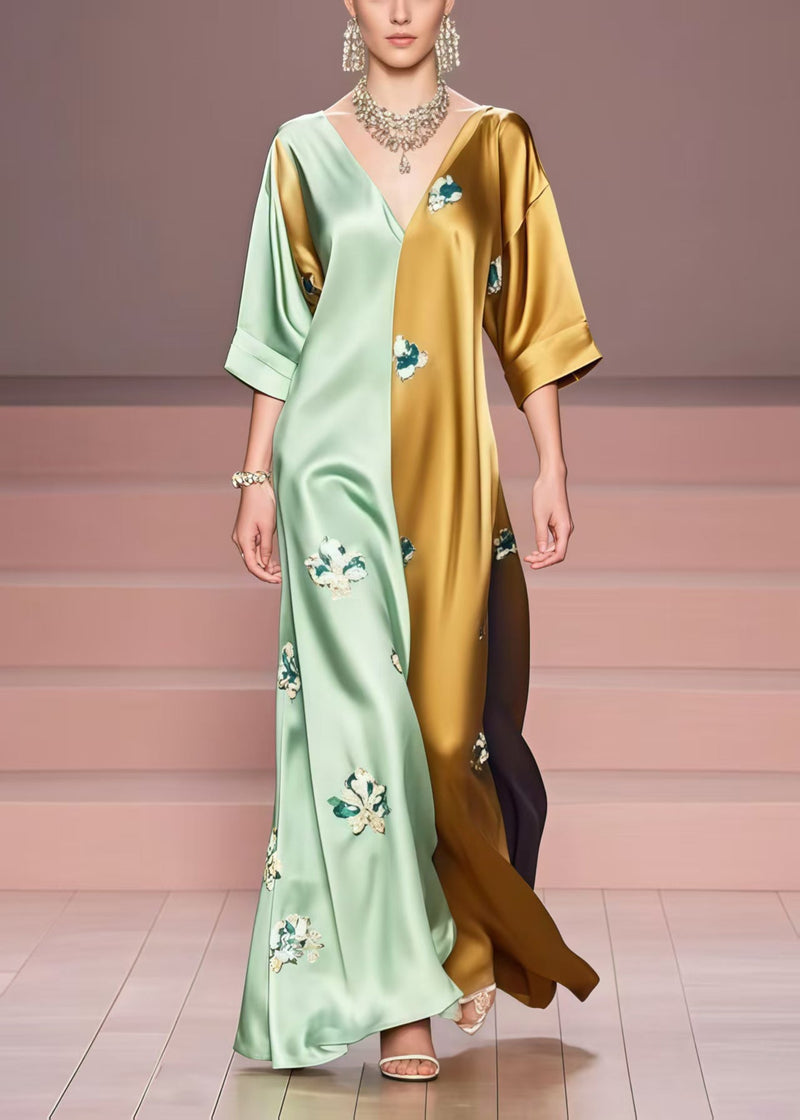 Colorblock Print Patchwork Silk Ankle Dress Summer