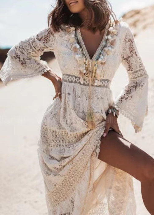 White Tasseled Hollow Out Lace Dresses Summer