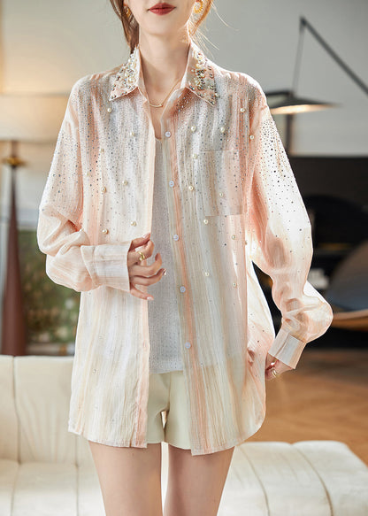 Orange Peter Pan Collar Nail Bead Zircon Chiffon Shirts Fall
