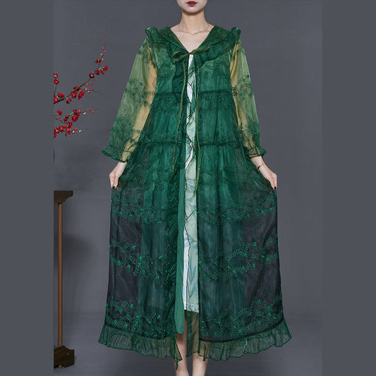 Green Organza Upf 50+ Cardigans Embroidered Ruffled Summer