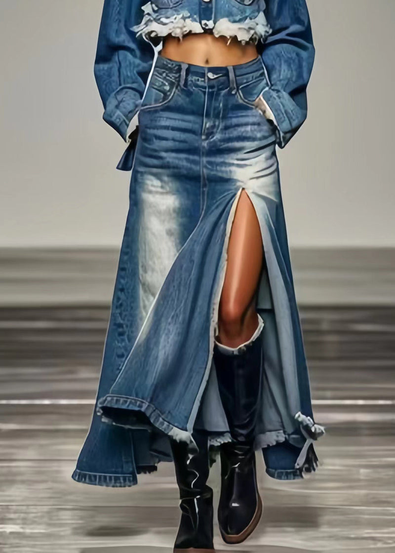 Blue Pockets Side Open a Line Skirts Summer