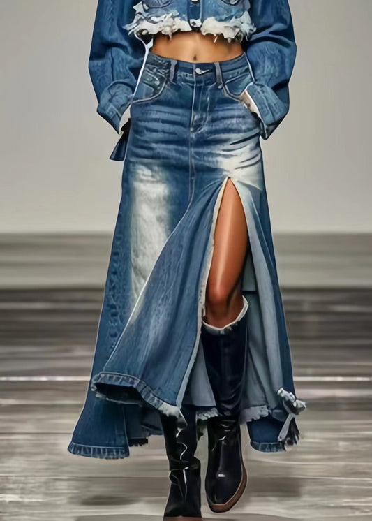 Blue Pockets Side Open a Line Skirts Summer