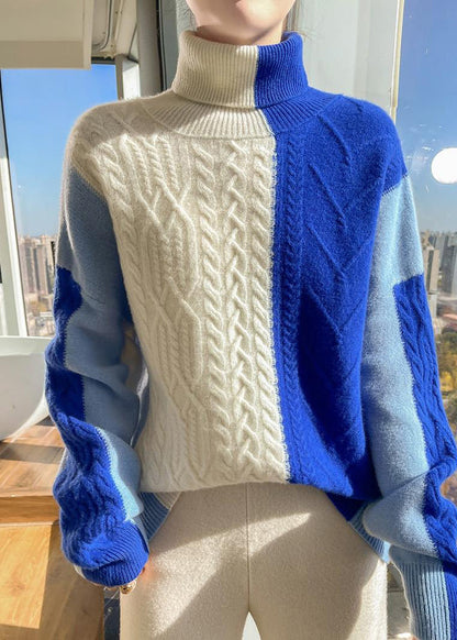 Blue Asymmetrical Patchwork Cable Knit Sweater Spring
