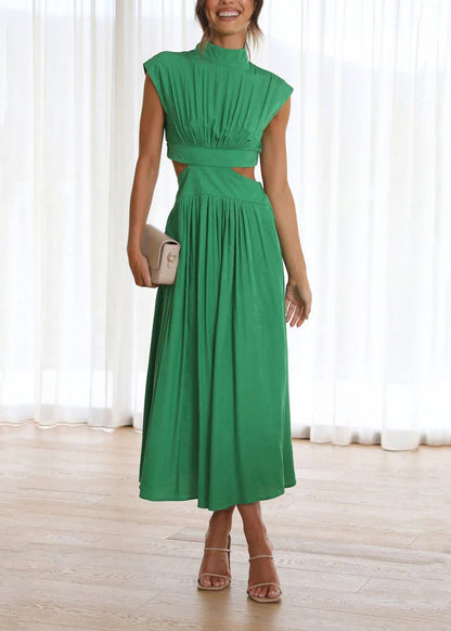 Stylish Green Stand Collar Hollow Out Patchwork Cotton Dresses Summer