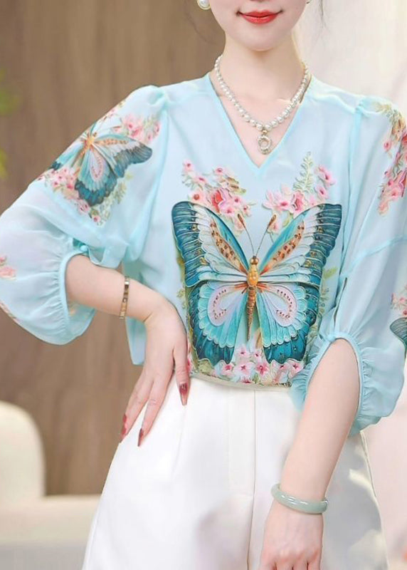 Blue O-neck Butterfly Print Chiffon Shirts Fall