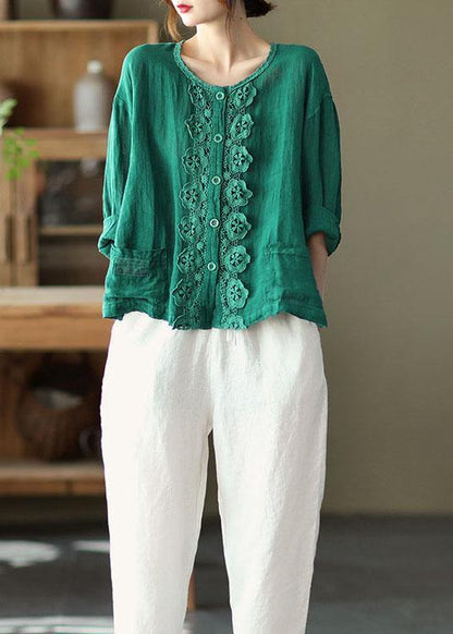 Modern Red Hollow Out Embroidered Pockets Fall Long Sleeve Shirt Tops