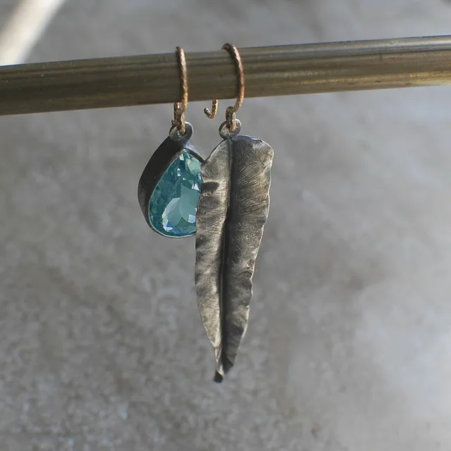 Blue Crystal Silver Leaf Earrings