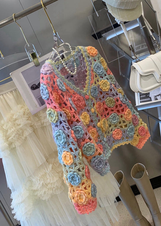 Handmade Rainbow V Neck Hollow Out Knit Cardigan Fall