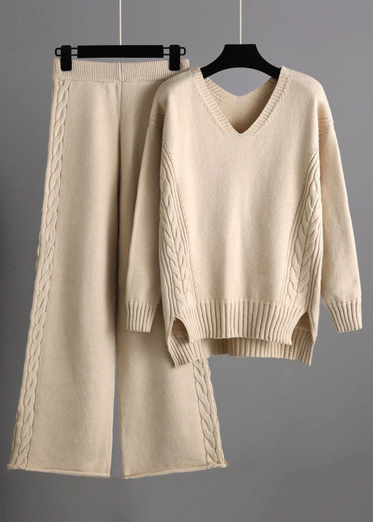 New Apricot V Neck Sweaters and Pants Knit Two Pieces Set Winter