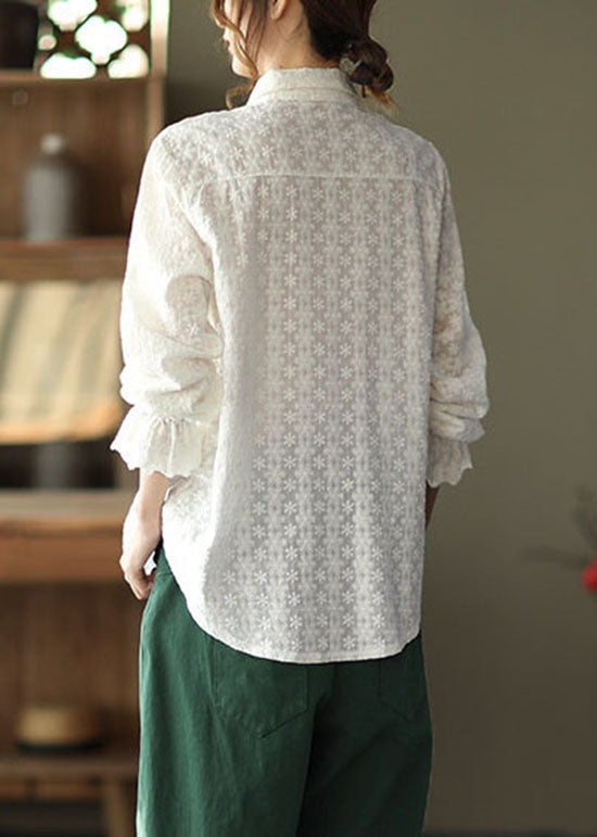 Classy White Peter Pan Collar Embroidered Cotton Shirts Top Long Sleeve