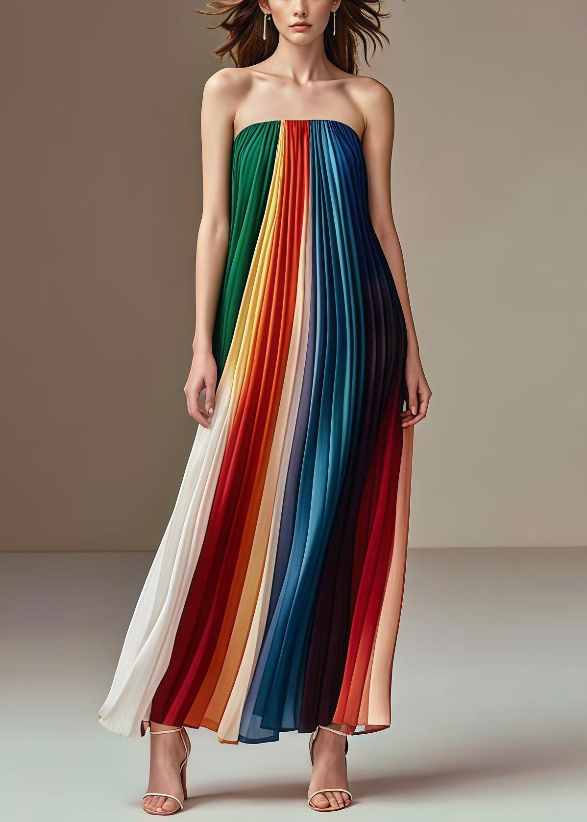 Rainbow Wrinkled Chiffon Strapless Dress Summer
