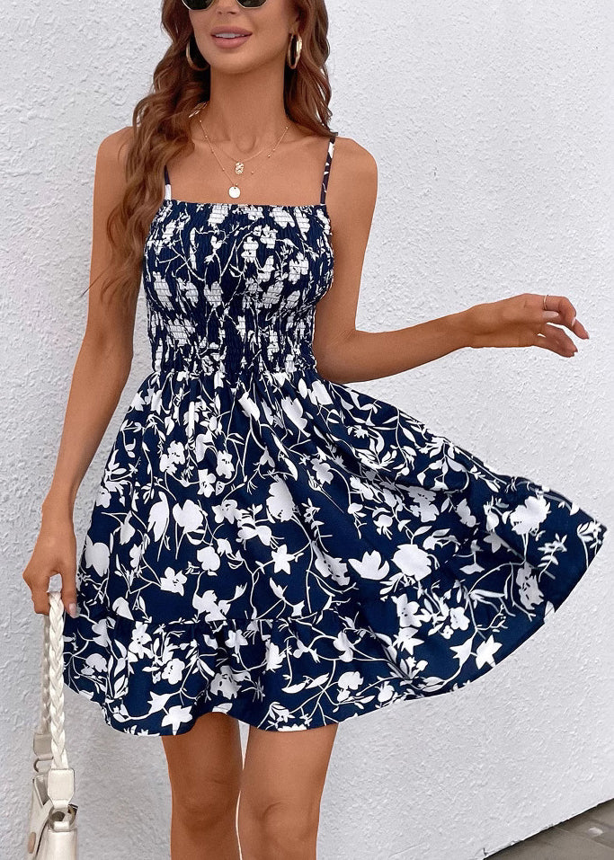 Style Navy Print Cotton Spaghetti Strap Dress Summer