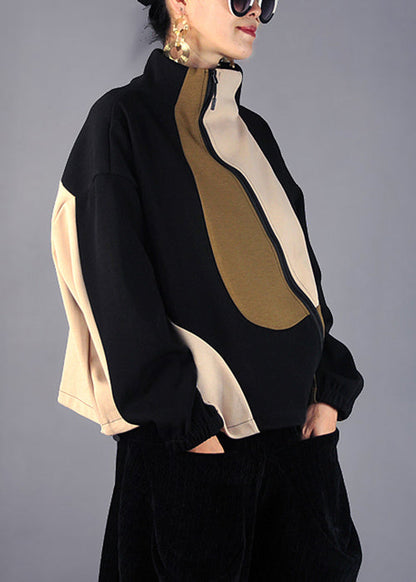 French Black Zip Up Patchwork Cotton Top Fall