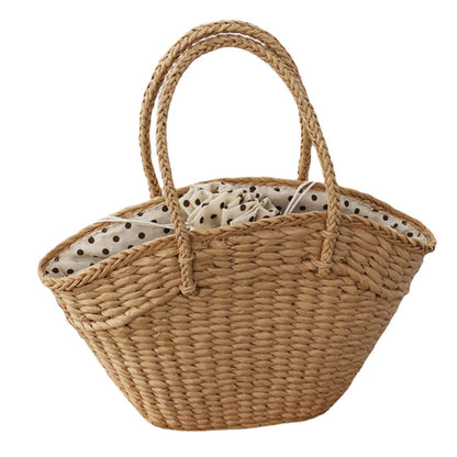 Summer New Straw Woven Braided Top Handle Travel Shopping Bucket Simple Large Handbags